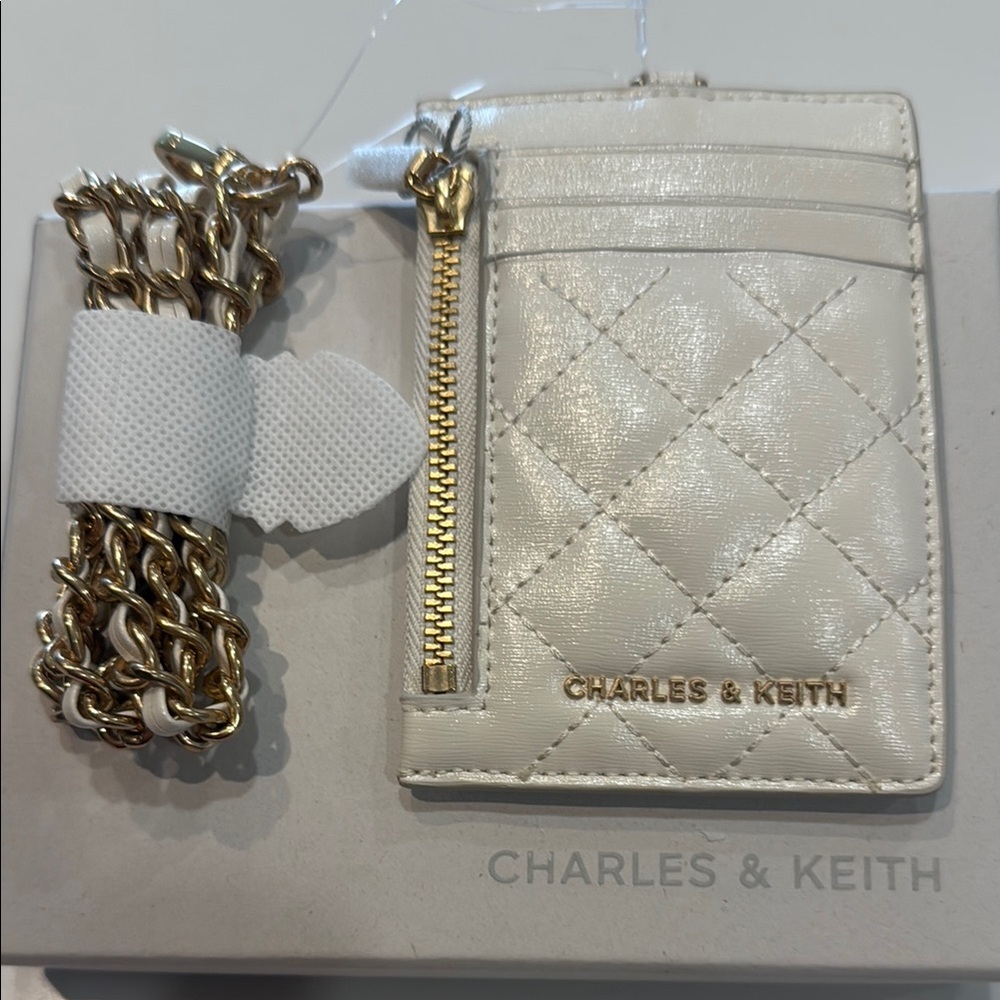 Charles & Keith Cream Quilted Card Holder with Gold Chain